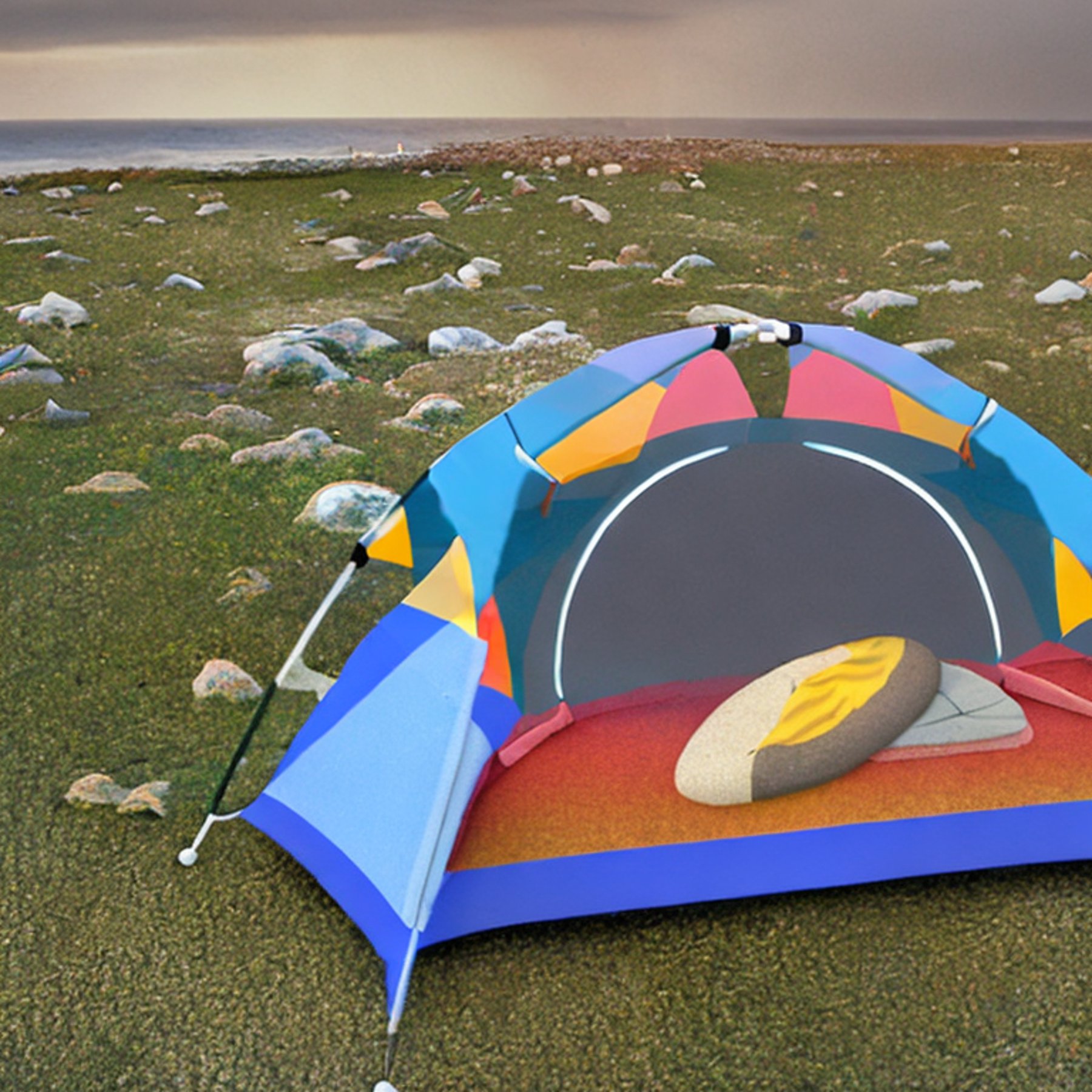 A colorful tent rests on a paved campsite beside the dark, rainy ocean. Stone gravel and rough ground surround a small dirt patch, while a parking spot adds a practical touch. The cool night air gives the beach a quiet, wild feeling.