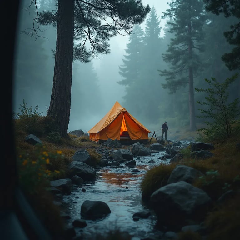 A brown tent rests among misty forest trees on a drizzly morning. Smooth stones, a tiny waterfall, and a spider web add charm to the quiet campsite.