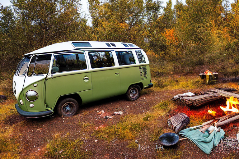 A green campervan rests in a quiet dirt clearing among ancient petrified trees. Fall-colored leaves glow in the soft dusk light, while a warm campfire crackles beside the logs. Berries and small trees add a cozy touch to this peaceful campsite.