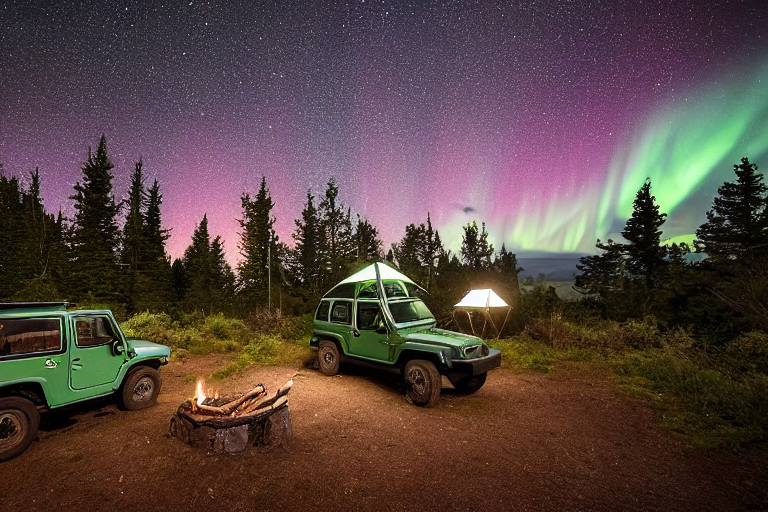 A green Jeep with a rooftop tent rests in a quiet forest campsite under glowing northern lights. A warm campfire lights the dirt clearing, chairs, logs, and a hammock between the trees.