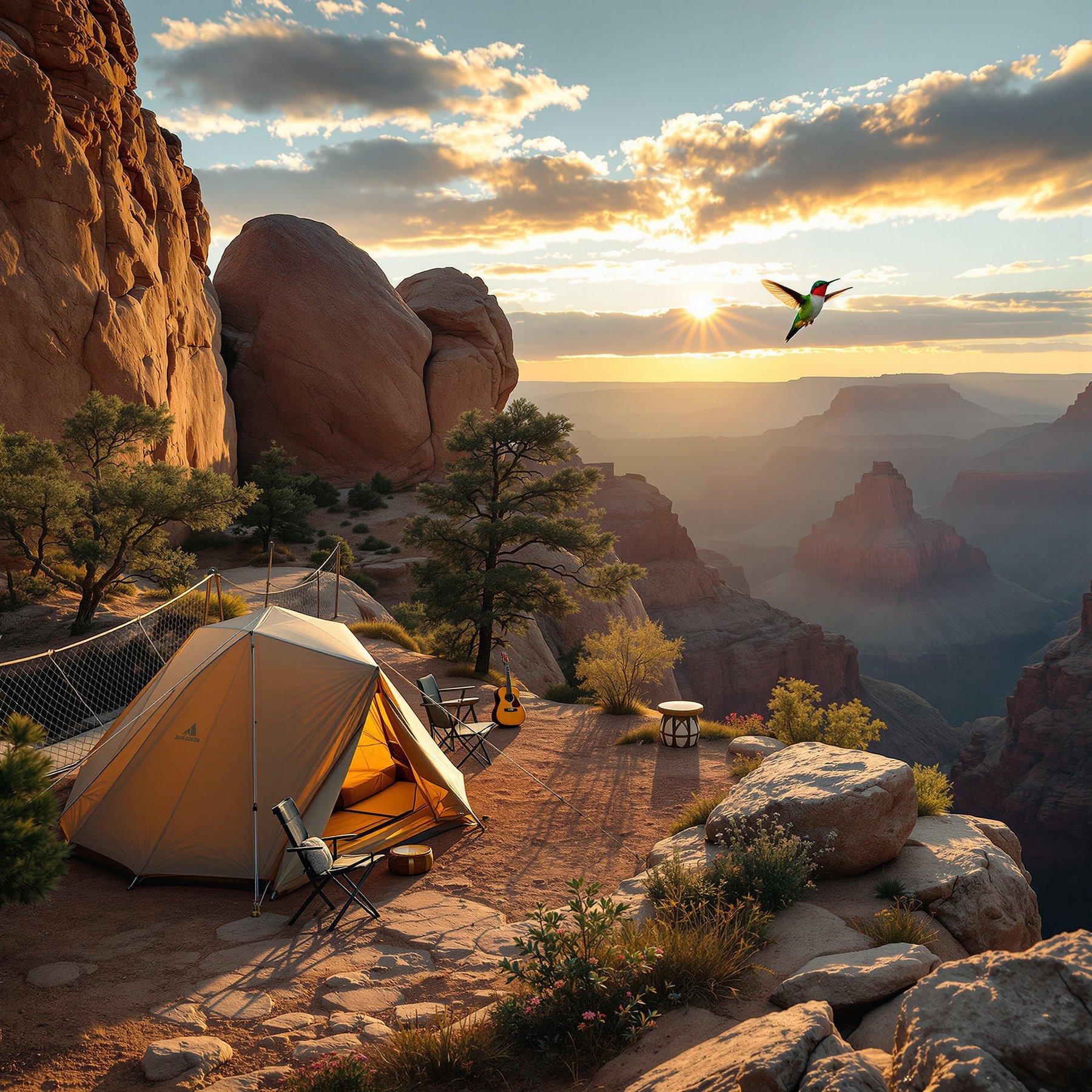 Camp high above a canyon as the sun rises, painting the sky with golden light. Giant red rocks and tall trees surround a cozy tent, with a hummingbird flying by. It’s a peaceful place to watch the world wake up.
