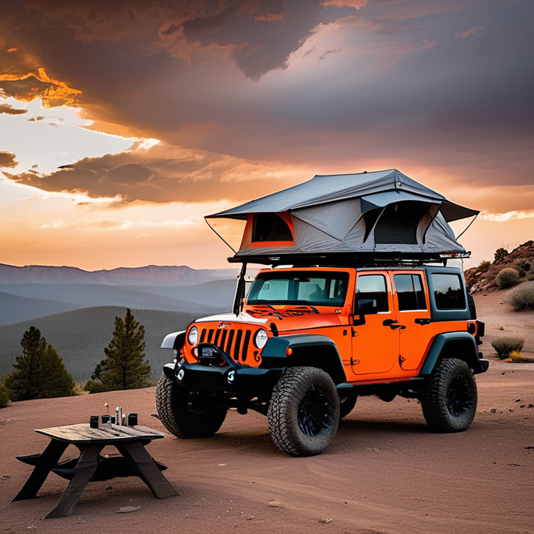 A gray and orange Jeep sits on a rocky mountain campsite with its rooftop tent open. A warm campfire glows beside a picnic table as sunrise light breaks through the stormy sky. Small trees and stone-covered ground surround the peaceful camp.