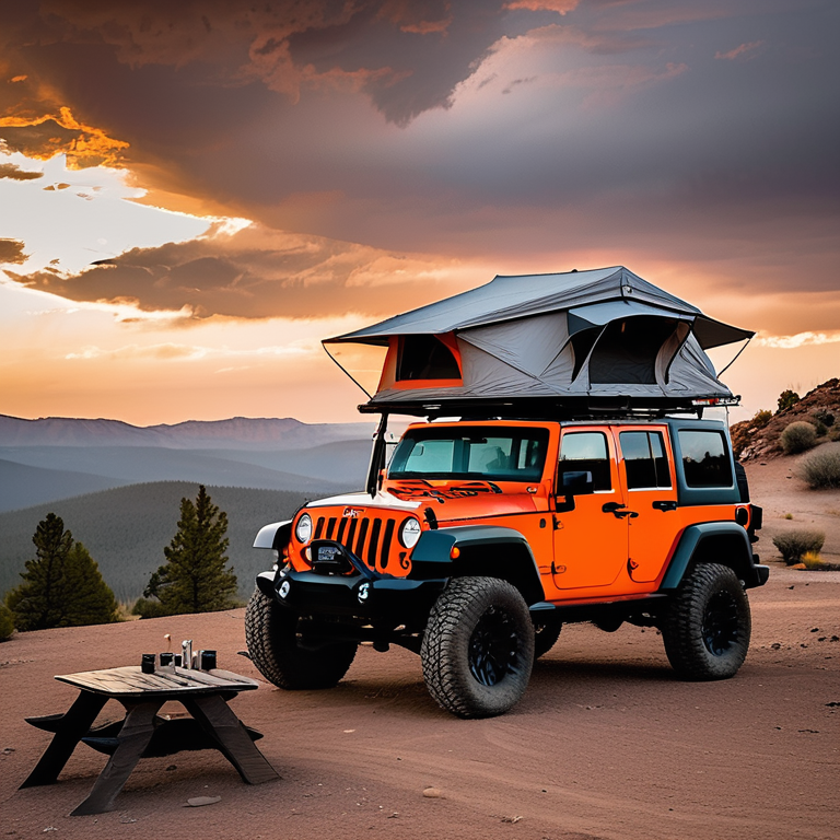 A gray and orange Jeep sits on a rocky mountain campsite with its rooftop tent open. A warm campfire glows beside a picnic table as sunrise light breaks through the stormy sky. Small trees and stone-covered ground surround the peaceful camp.