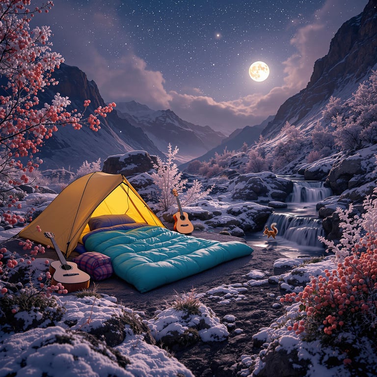 A mint-green sleeping bag rests beside a berry bush in a wild Norwegian campsite. A wooden guitar, a quick waterfall, and a busy squirrel add charm as snow swirls under the bright full moon.