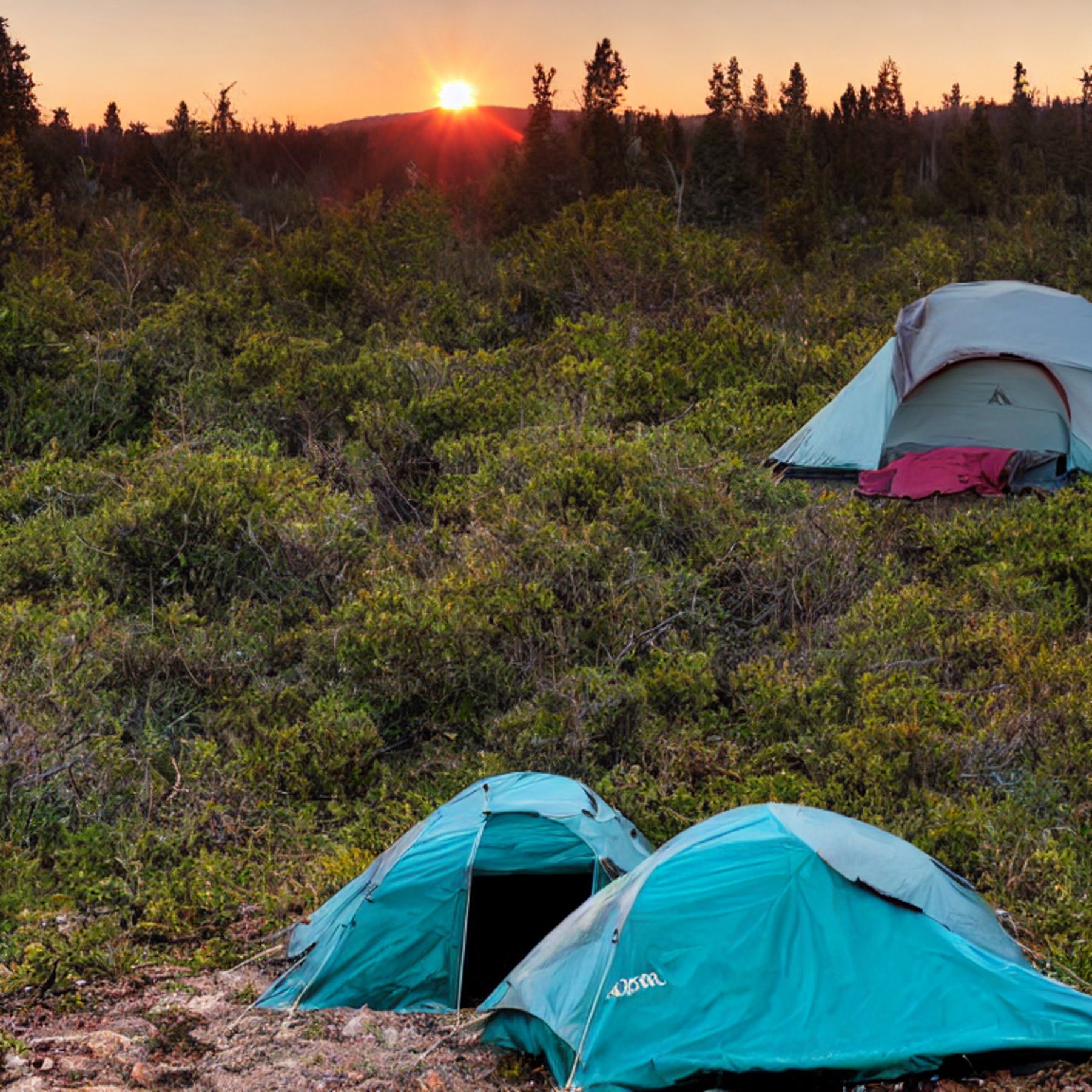 A teal tent rests on a quiet dirt campsite beside a misty creek. A warm campfire glows among the rocks and logs, while berry bushes and boulders surround the scene. The setting sun and distant moon create a peaceful evening mood.
