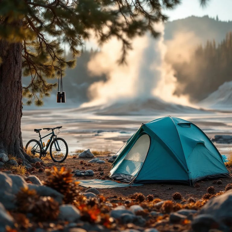 A teal tent rests among pine trees and scattered stones at Crater Lake. A bicycle leans nearby, while binoculars hang from a tree branch. In the distance, dusty geysers rise into the warm afternoon air.
