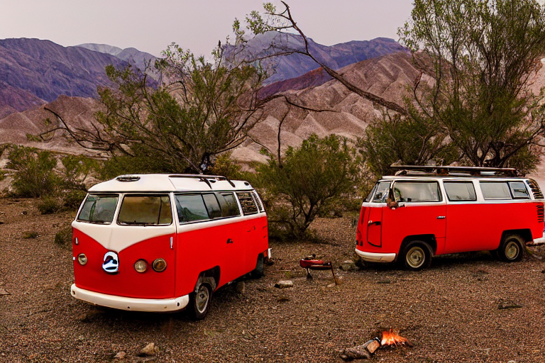 A red campervan rests on a rocky patch in Death Valley as a warm campfire glows nearby. Small trees, scattered stones, and a large log add charm, while soft fog and sunset light create a peaceful mood.
