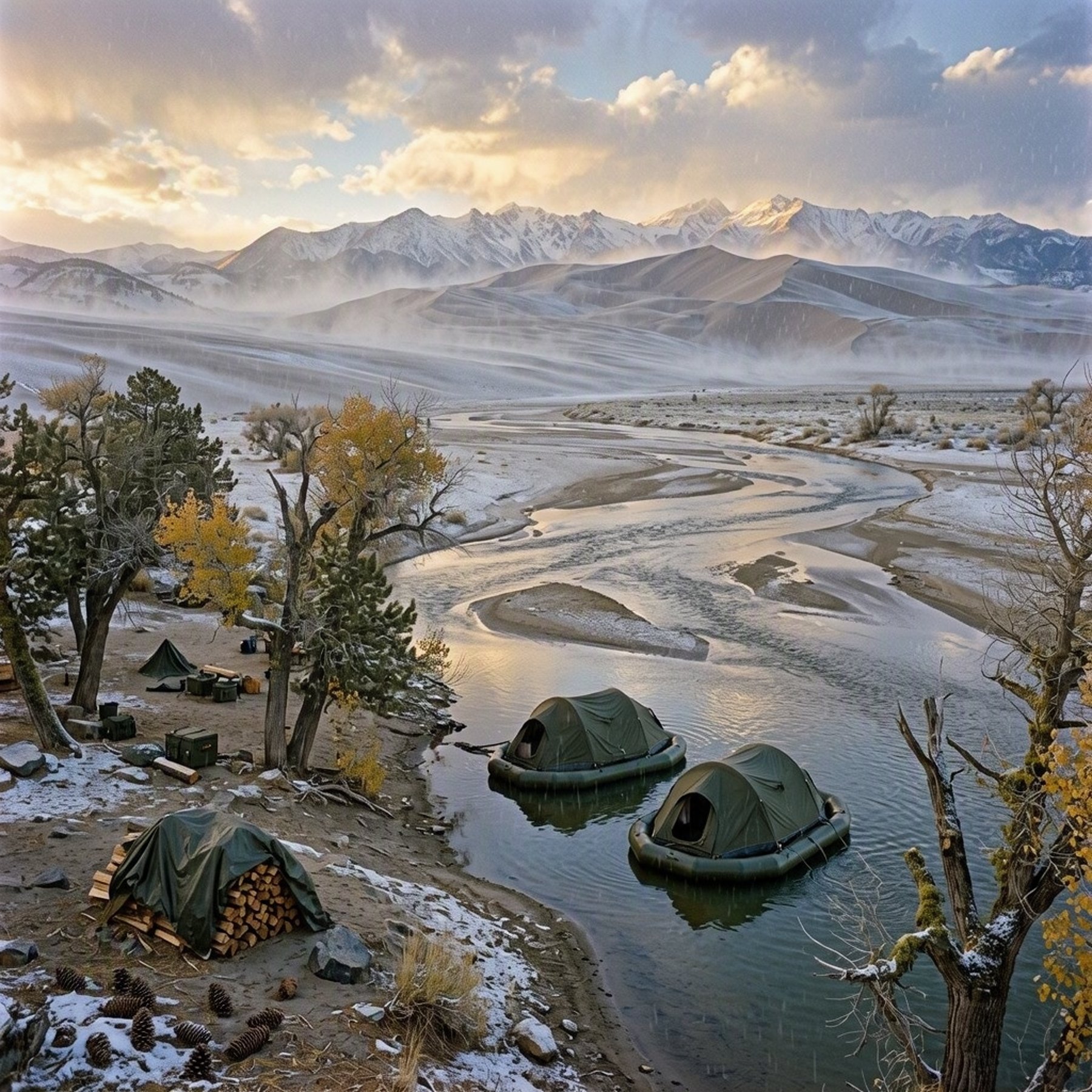 Two army-green floating tents rest beside a rippling creek, tucked among cottonwoods and pinyon pines. Fresh snow drifts across the sandy desert as golden sunlight breaks through the clouds, creating a quiet, magical campsite.