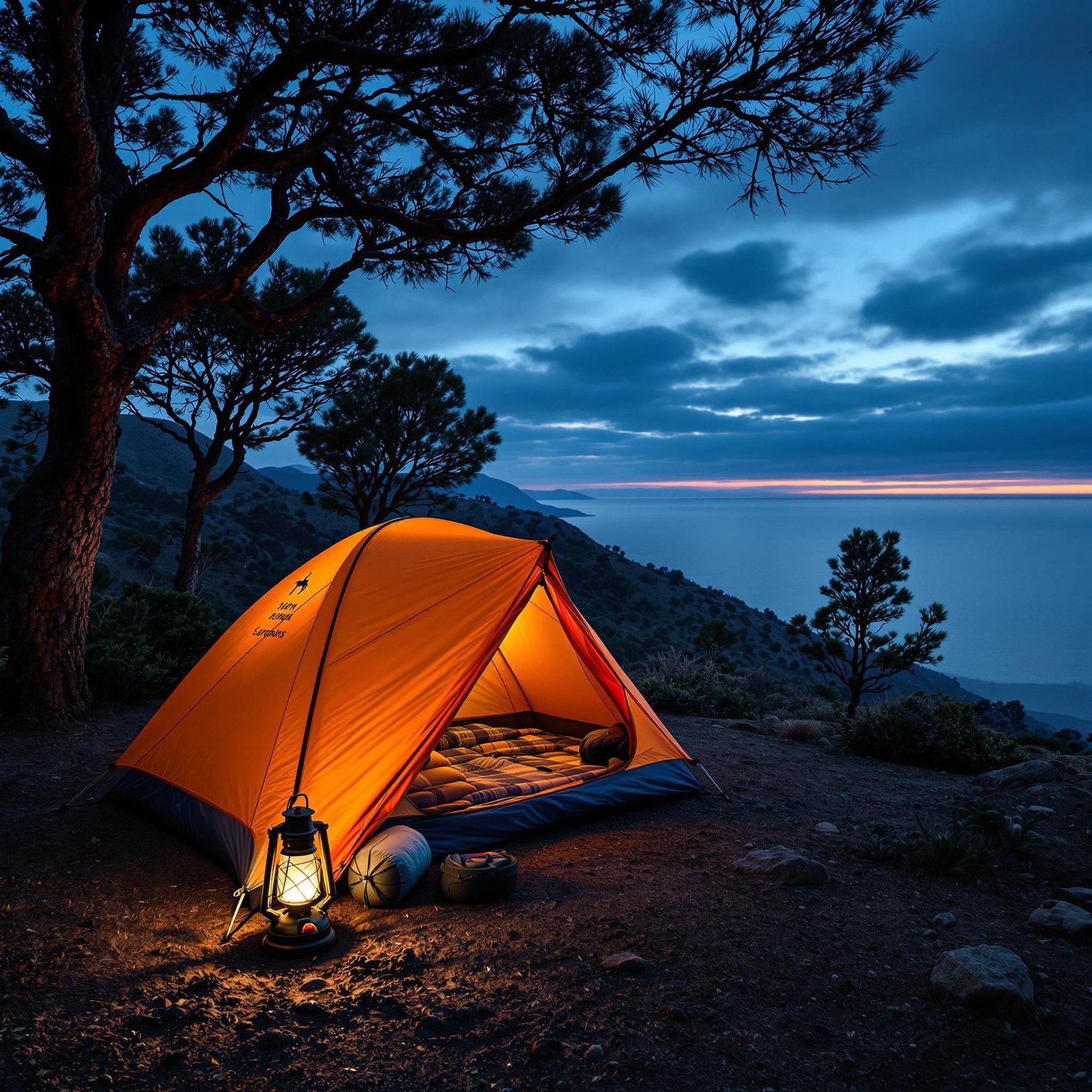 A cozy orange tent glows warmly under tall, whispering trees, with the ocean stretching out beneath a colorful sunset. The gentle breeze rustles the leaves, and a lantern casts a magical light on the campsite. It's a peaceful evening to enjoy nature's beauty.