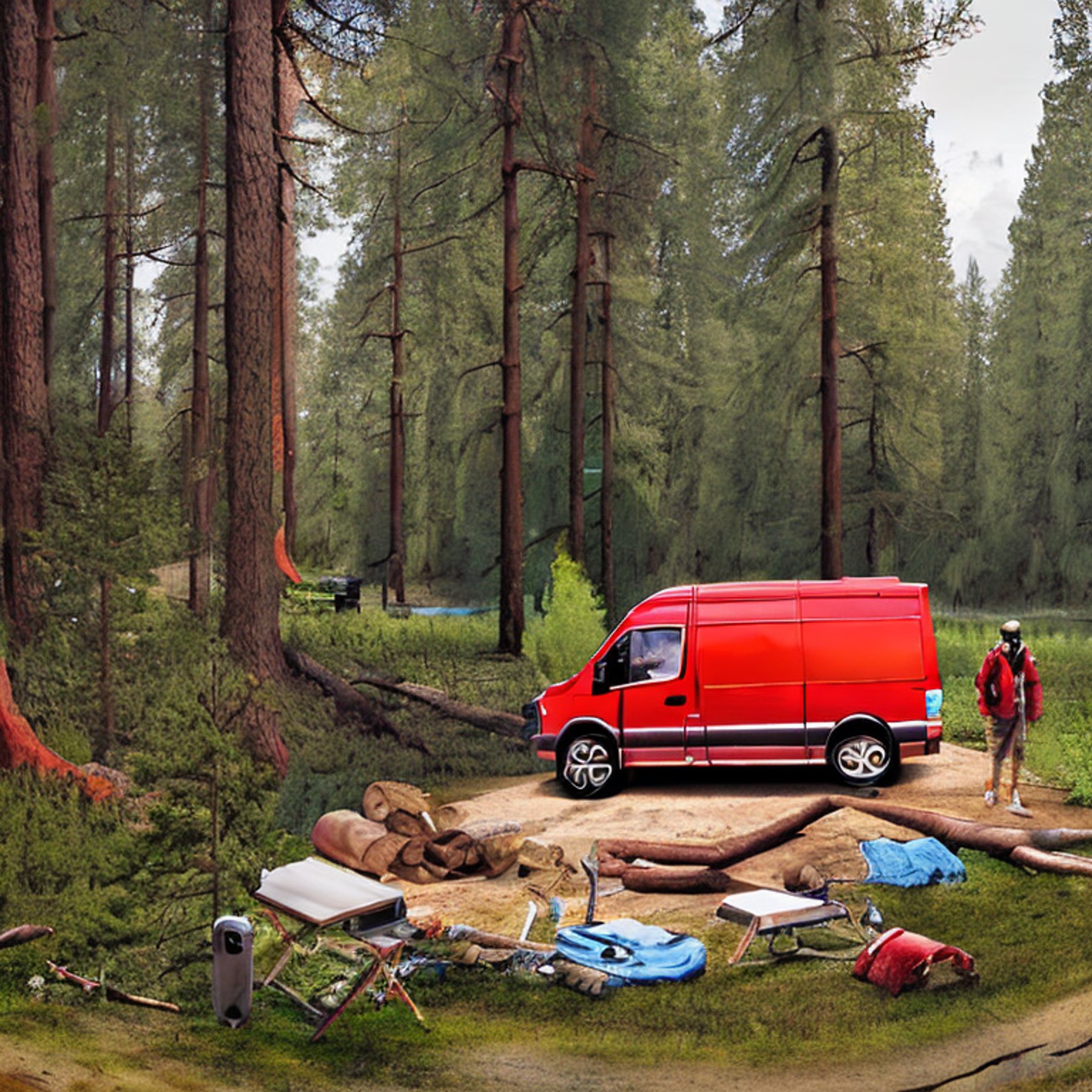 A red camper van rests at a peaceful campsite beside a quiet creek. Tall trees, small plants, and a large log near the campfire create a cozy woodland setting. Hikers explore nearby under the soft, cloudy sky.