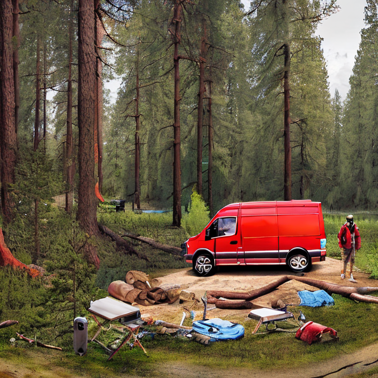 A red camper van rests at a peaceful campsite beside a quiet creek. Tall trees, small plants, and a large log near the campfire create a cozy woodland setting. Hikers explore nearby under the soft, cloudy sky.