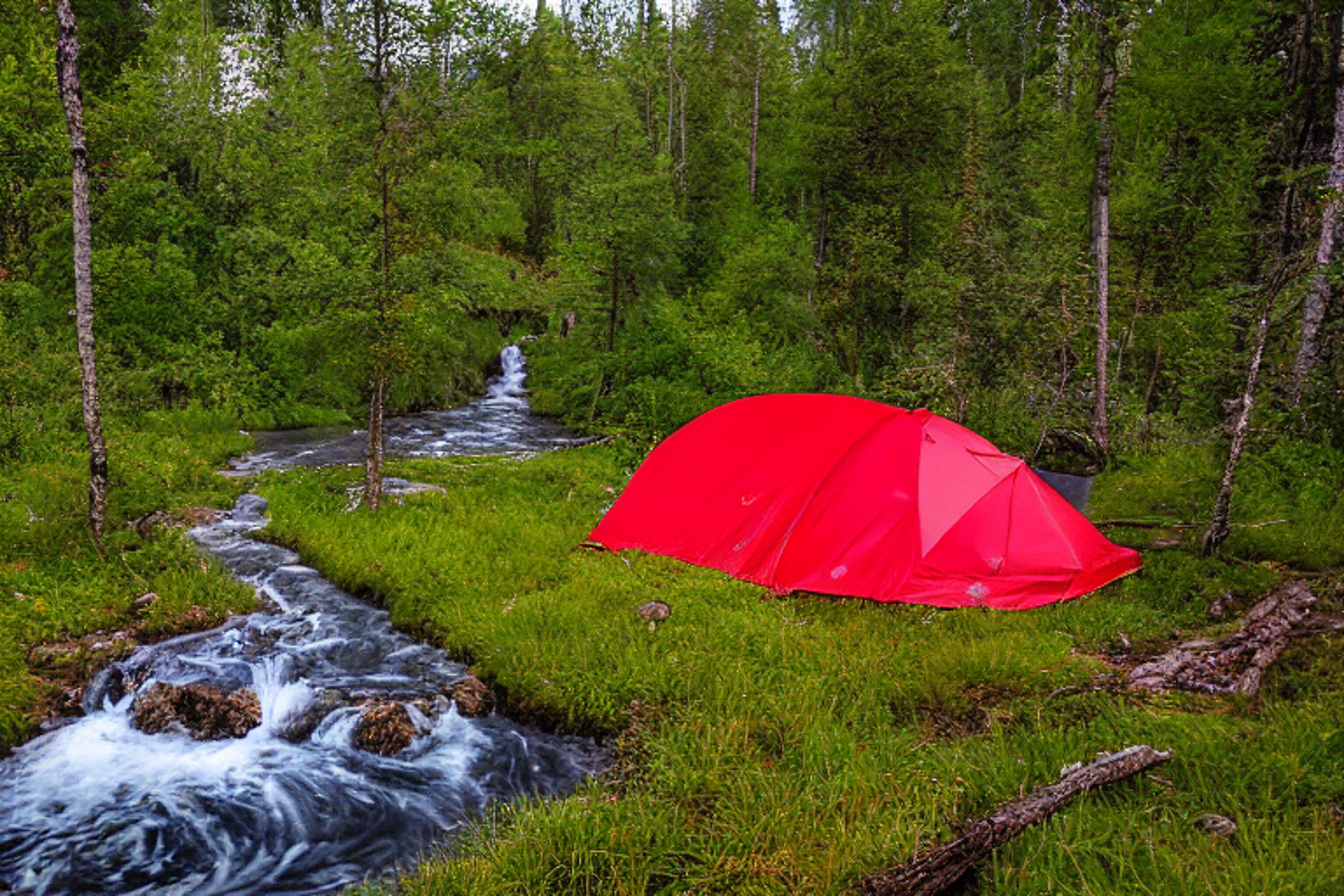 A red-and-white tent rests beside a stream in a forest campsite at night. Ferns and tall grass surround the dirt clearing, while hikers enjoy the view beneath glowing green auroras and stormy clouds.