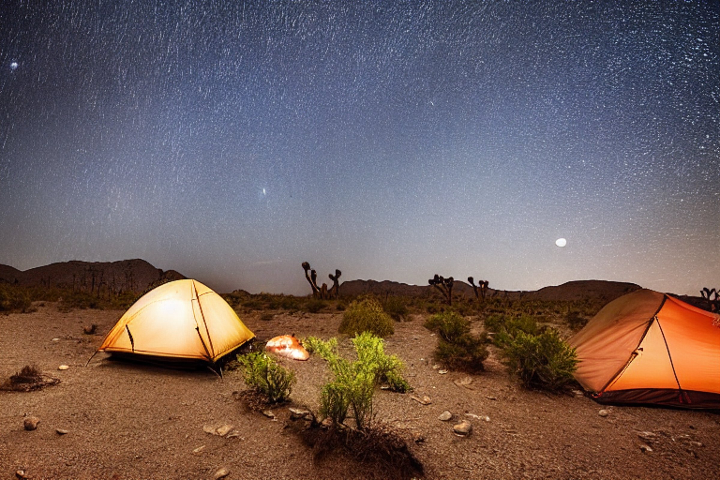 A colorful tent rests on a dirt patch beside a paved campsite in Joshua Tree National Park. Ferns, a trickling stream, camping chairs, and a distant moon create a peaceful night beneath the starry, stormy sky.