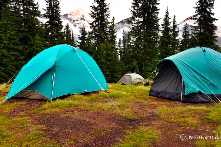 A teal tent rests on a quiet paved campsite surrounded by tall grass and thick bushes. A stone-ringed campfire sits on a dirt patch, with logs ready for a cozy fire. Misty mountains rise in the foggy background.
