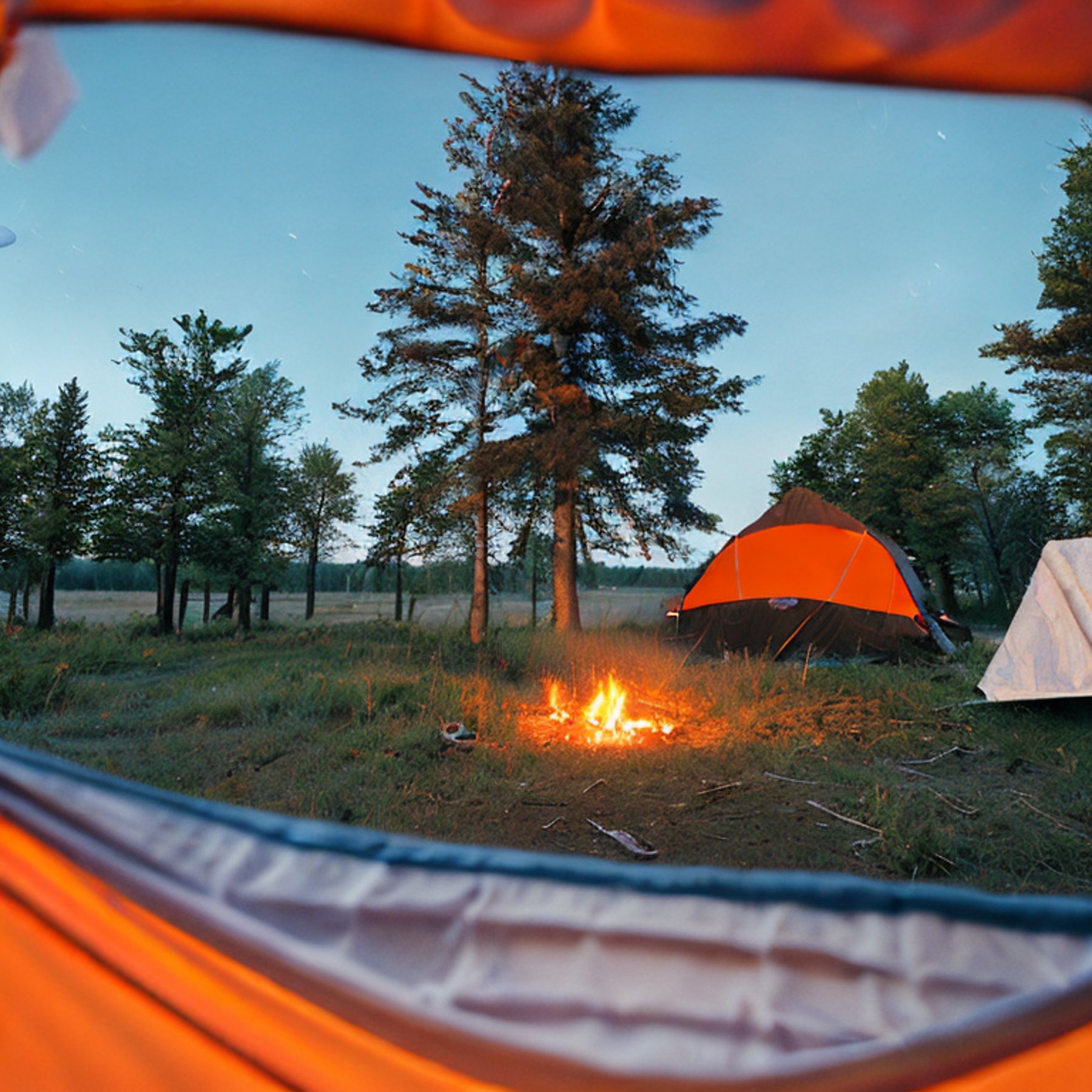 A gray and orange tent rests on a paved campsite in the green woods of North Shore, Minnesota. A hammock hangs between the trees, while a wooden guitar sits near the campfire. Soft golden light shines through the rainy sky, with the moon glowing in the distance.
