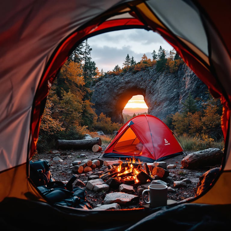 A red tent rests beneath a natural stone arch, surrounded by bright fall trees. A small campfire glows beside stacked logs, with a backpack and camping mug nearby. Hail falls gently as the golden light gives the campsite a warm, wild feeling.
