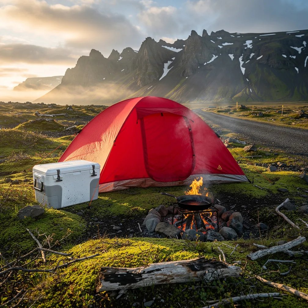 A bright red tent sits on soft, mossy ground in a quiet Iceland valley. Rugged mountains rise in the distance under warm golden evening light. A small campfire glows beside the tent, with a skillet warming over the coals and a cooler nearby. The whole place feels calm, wild, and far away.