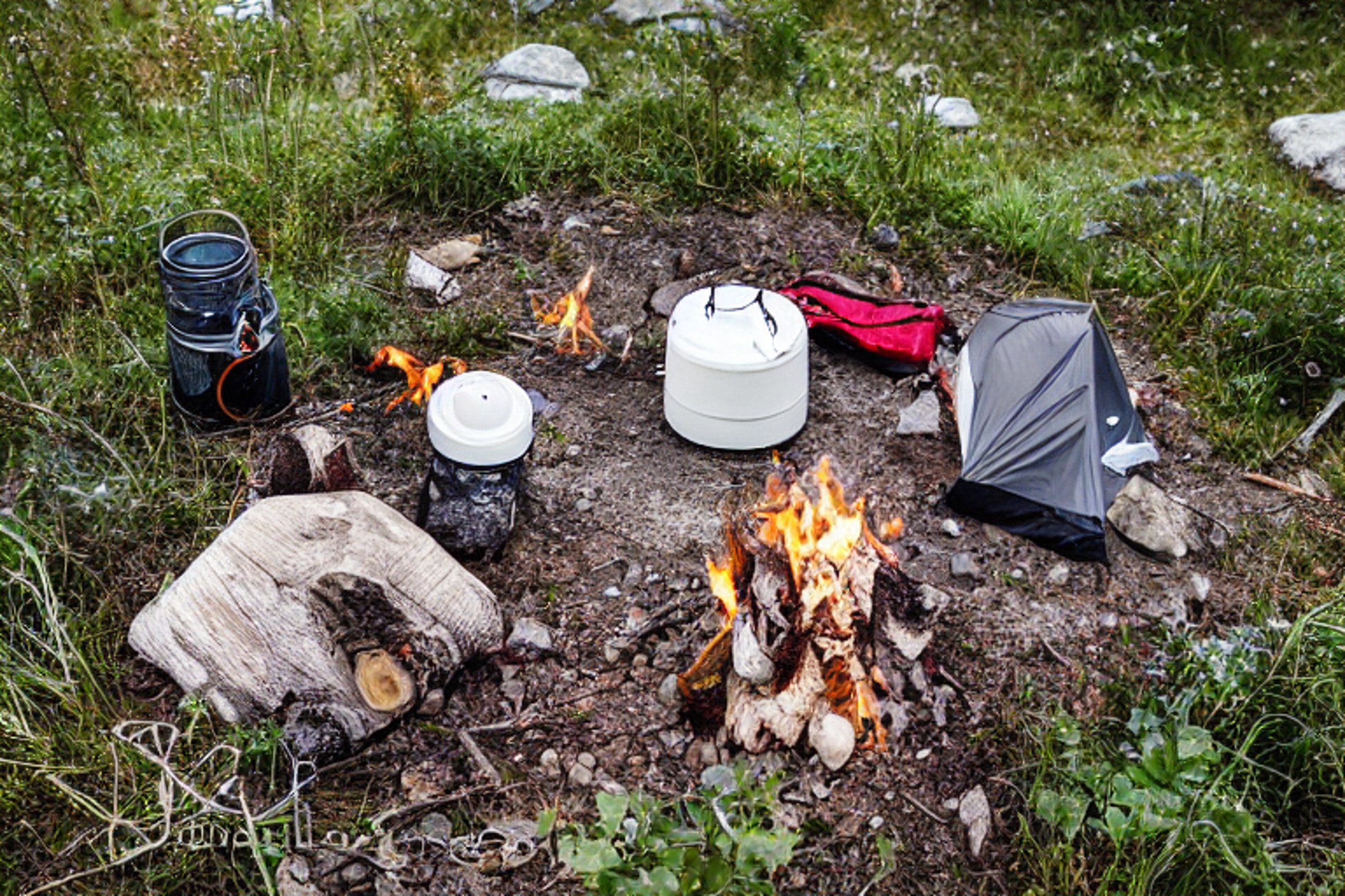 A white tent rests on a quiet gravel campsite in the Alaska wilderness. The warm sunset lights the dirt and stone ground, while a campfire glows at the center. A backpack and box of camping gear sit nearby, ready for adventure.