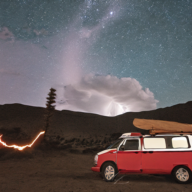 A red and white campervan rests on a quiet dirt campsite beneath a starry, stormy sky. Bushes and small trees surround the area, while a warm campfire glows beside a large log. Nearby, a tent shines softly from within.