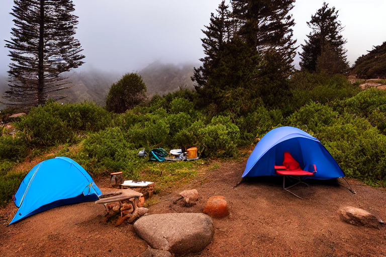 A blue tent rests beside a warm campfire on a dirt patch in Big Sur. Large stone slabs, a clothesline, and a winding hiking path fill the campsite. Rolling hills rise under a stormy sunset sky.