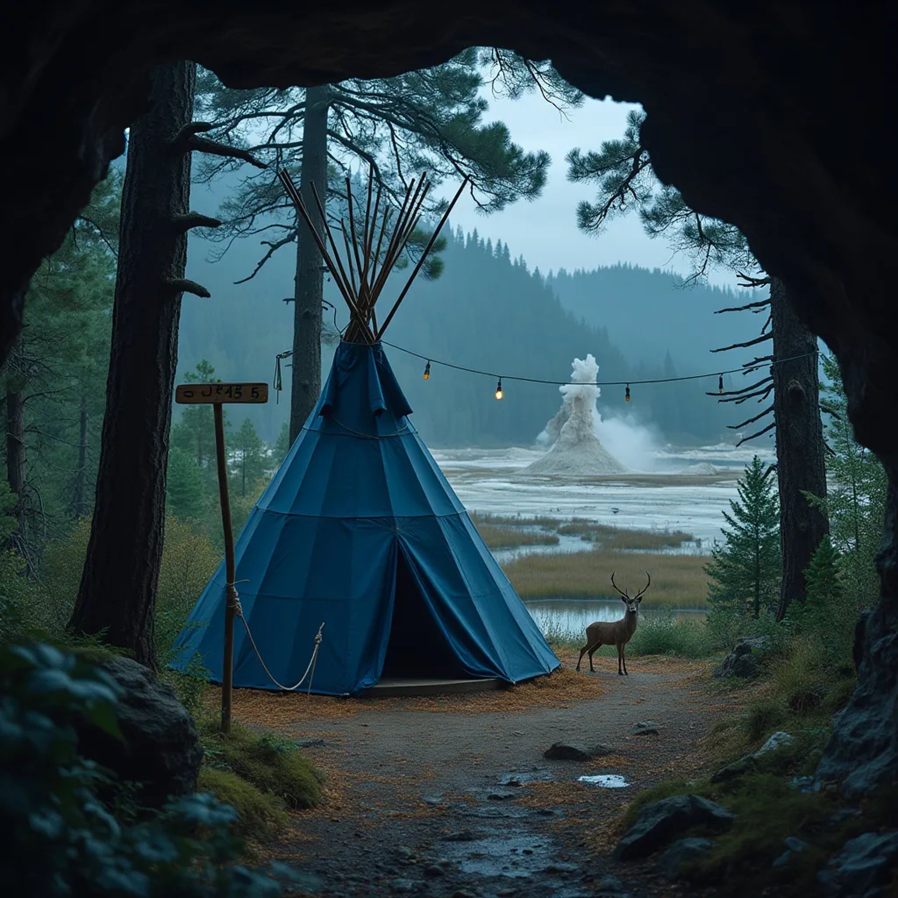 A navy blue teepee rests in a wild forest beneath tall trees. A wooden sign marked “5” and a rope swing add charm near the campsite. In the distance, a deer watches as geysers burst into the night air.