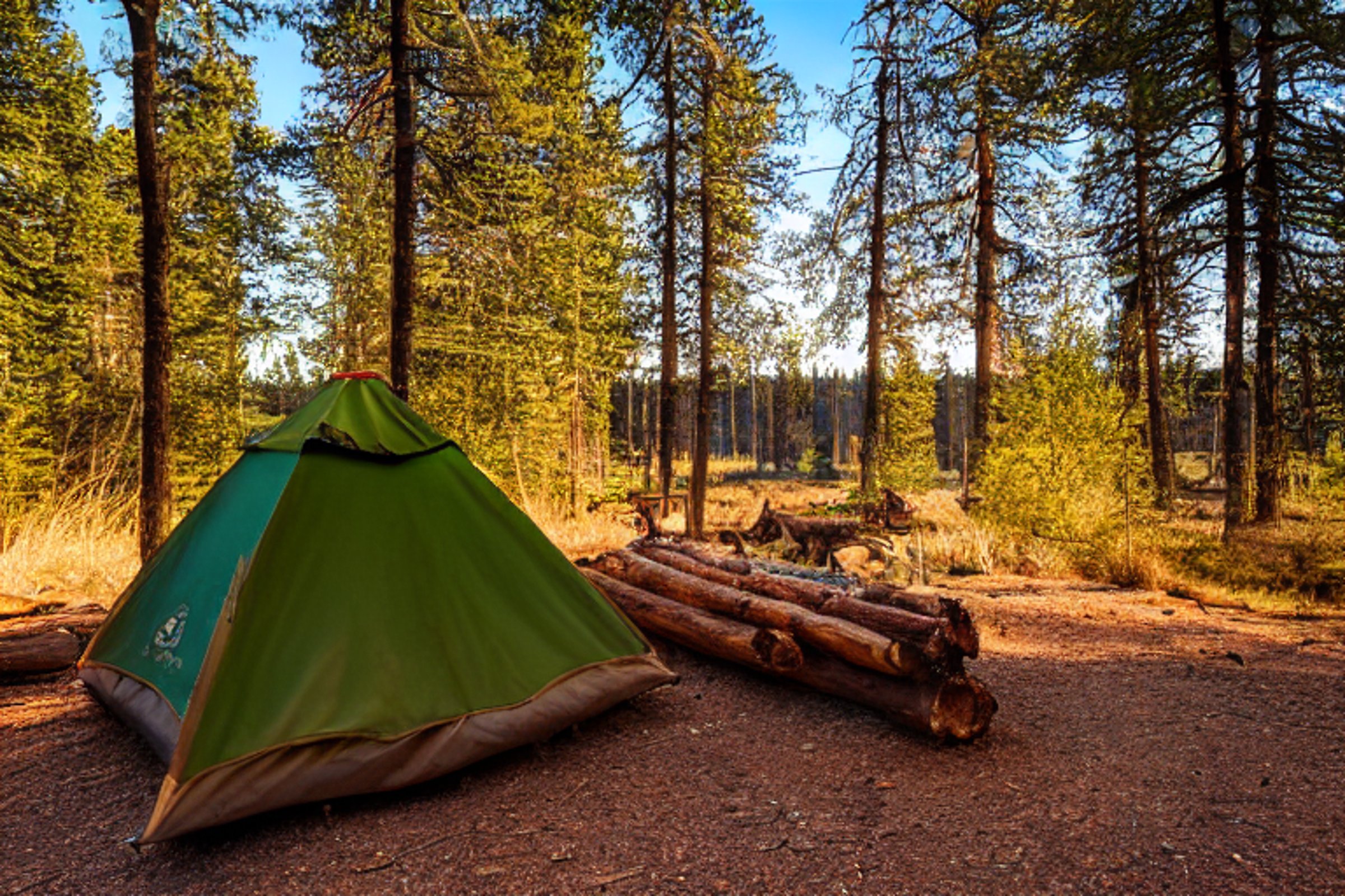 A green and tan tent rests on a quiet dirt campsite near the Grand Canyon. A warm campfire glows beside a large log, while colorful fall trees surround the peaceful scene.