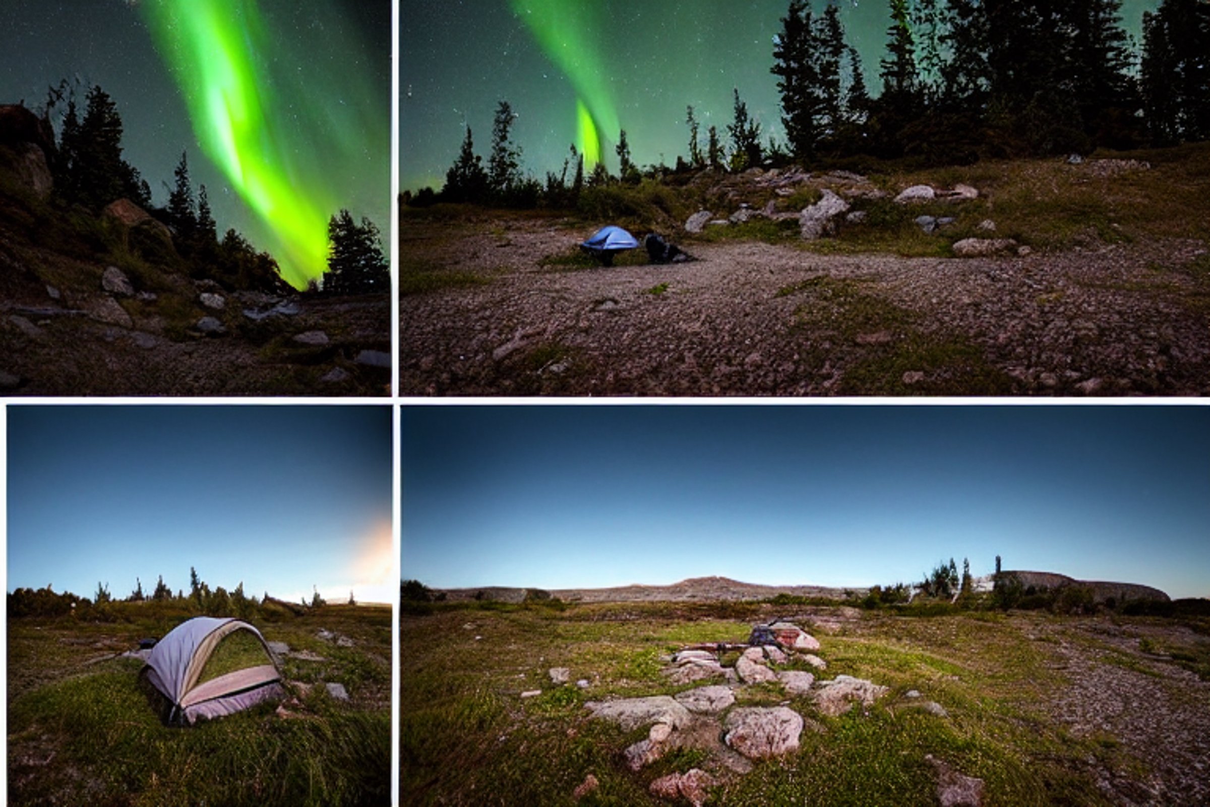Two black tents sit beside a paved campsite, surrounded by tall grass and a small flowing stream. Above them, bright northern lights glow in the snowy sky, while a deer stands far away near the beach. A large rock and a backpack add to the peaceful outdoor scene.