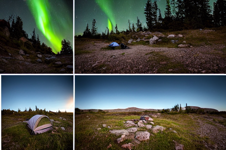 Two black tents sit beside a paved campsite, surrounded by tall grass and a small flowing stream. Above them, bright northern lights glow in the snowy sky, while a deer stands far away near the beach. A large rock and a backpack add to the peaceful outdoor scene.