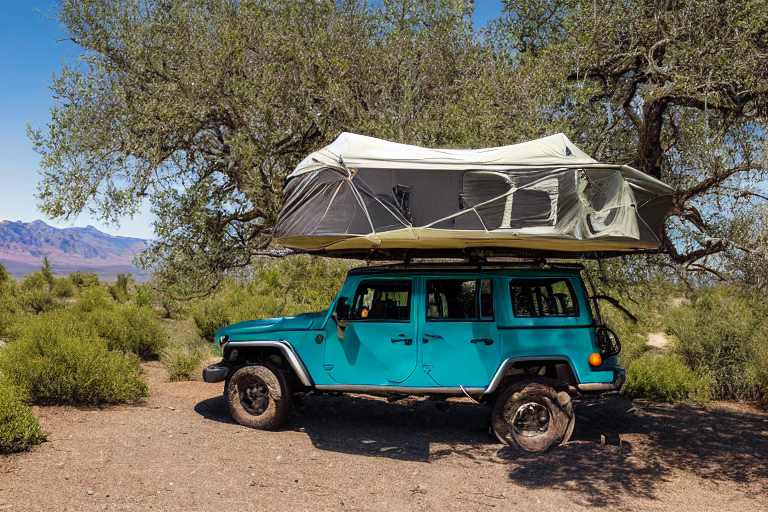 A teal Jeep with a rooftop tent rests at a sunny campsite in Death Valley. A hammock hangs between mossy trees, while small flowers brighten the dirt nearby. The clear sky and open view create a peaceful outdoor retreat.