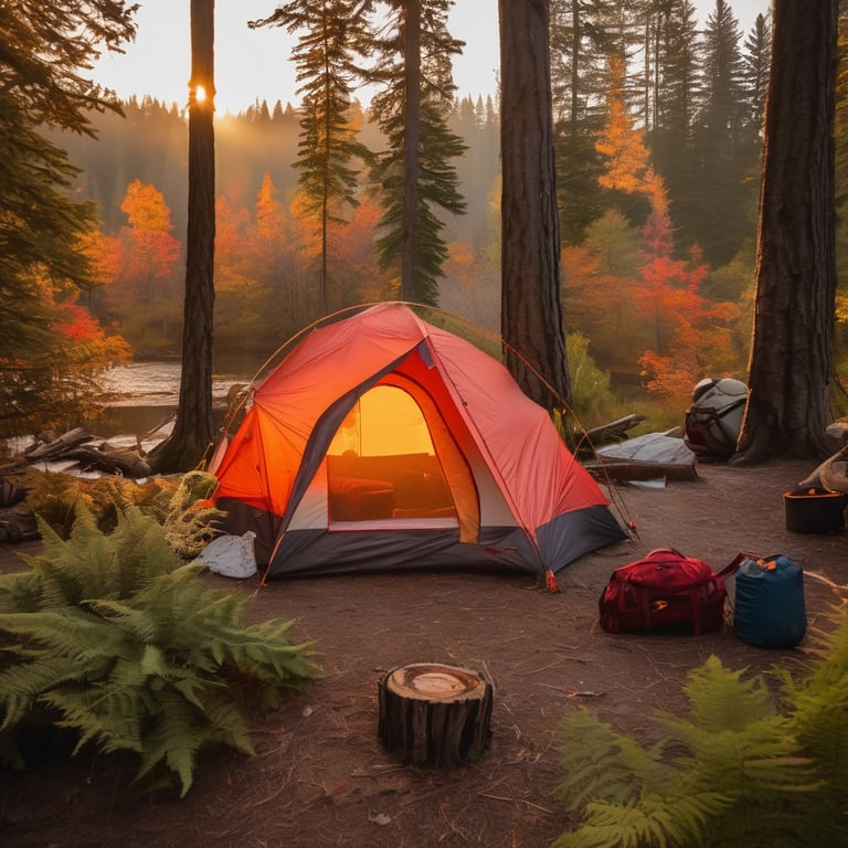 A coral dome tent rests beside a quiet pond as the sun rises through hazy fall-colored trees. Ferns, a backpack, and a campfire with logs make the peaceful campsite feel ready for adventure.