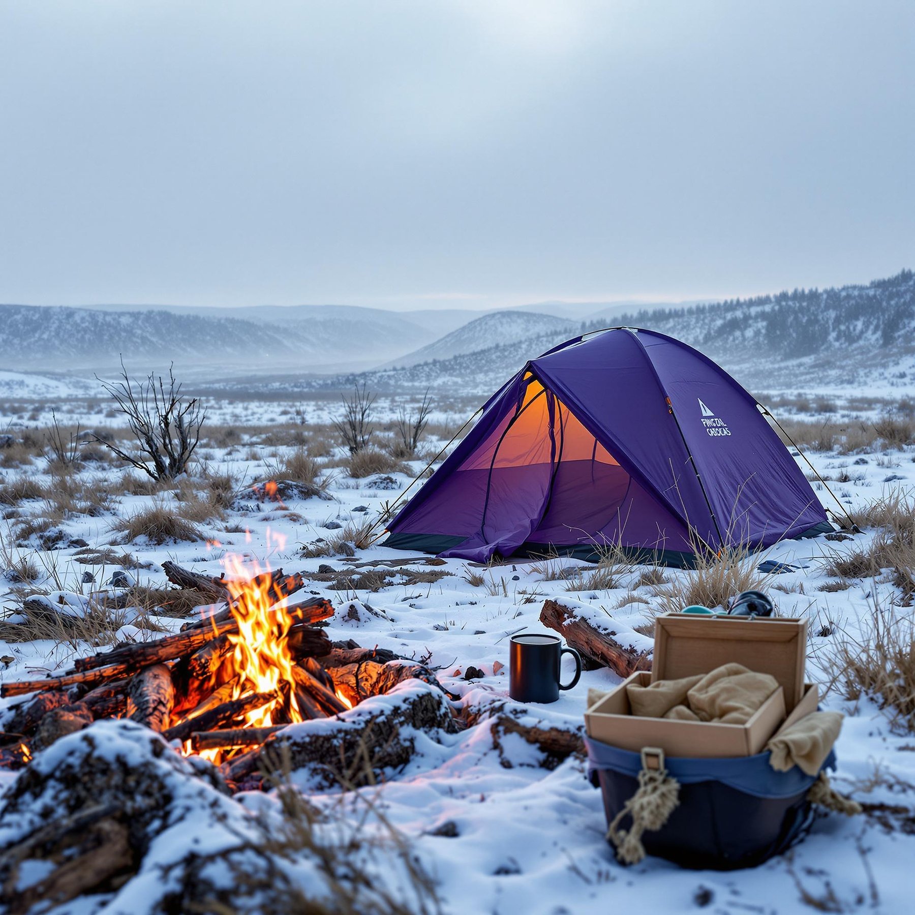 A cozy purple tent glows warmly in a snowy field surrounded by distant mountains. A cheerful campfire crackles nearby, inviting you to warm up with a steaming cup. The air is crisp and magical, perfect for a winter adventure.