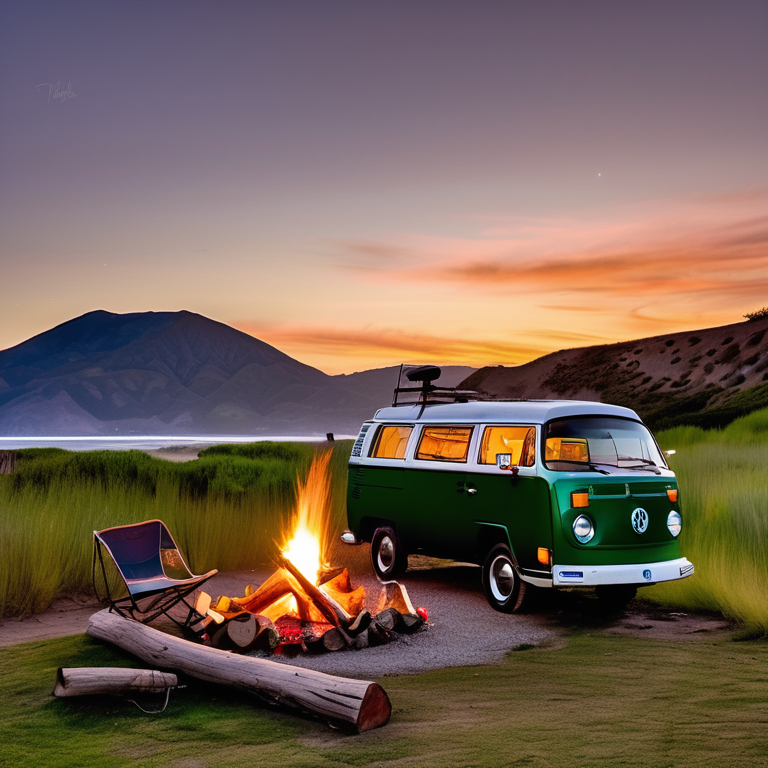 A green camo campervan rests beside a warm campfire on the California coast. Tall grass, rocky ground, and a large log surround the campsite, while mountains rise in the distance beneath a clear sunset sky.
