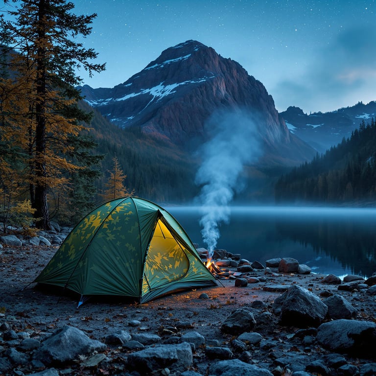 Nestled by a glistening lake under a twinkling starry sky, this cozy campsite captures the magic of nature. The towering mountain in the background stands majestically, while the warm glow of the tent and crackling fire invite you to unwind. Trees hug the shoreline, adding to the peaceful, dreamy atmosphere.