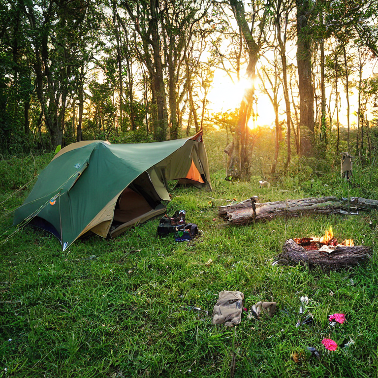 A green and tan tent rests in a sunny forest clearing surrounded by tall grass and tiny flowers. A warm campfire glows beside a large log, while clothes sway on a nearby line. The peaceful campsite sits under a clear sunset sky.