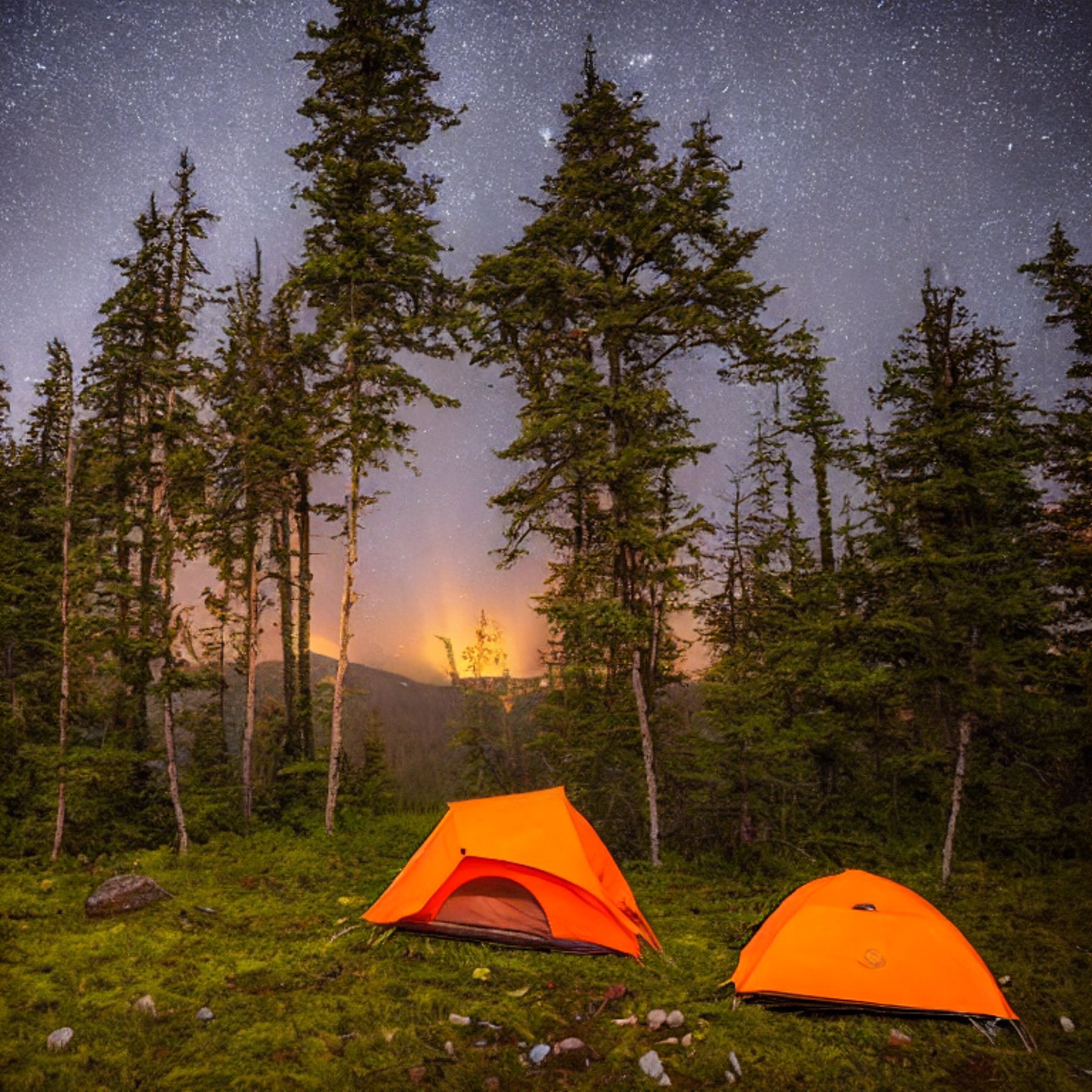 An orange tent rests on a quiet campsite beneath glowing green northern lights. A warm campfire flickers beside a nearby hot spring, while misty, moss-covered trees surround the peaceful scene.