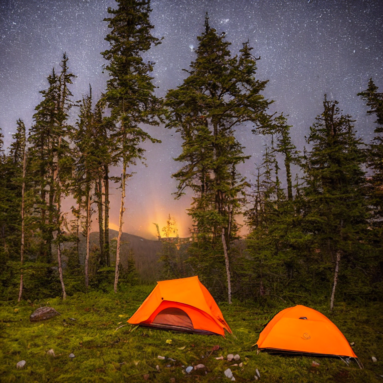 An orange tent rests on a quiet campsite beneath glowing green northern lights. A warm campfire flickers beside a nearby hot spring, while misty, moss-covered trees surround the peaceful scene.