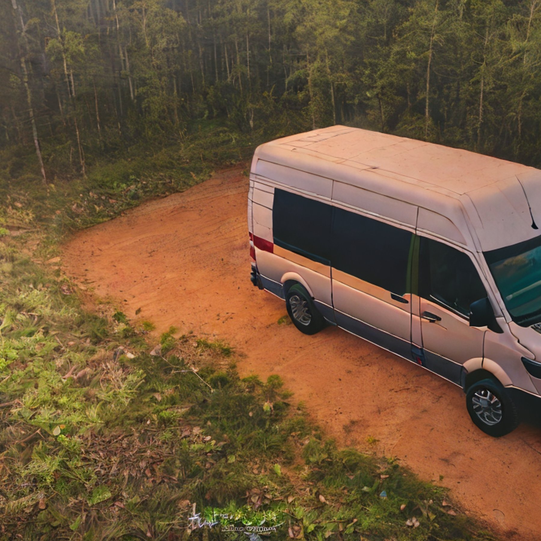 A green and tan camper van rests on a rough dirt clearing in a quiet forest. Warm sunset light shines through the trees, while fog drifts over the leafy ground. A pale moon hangs in the distant sky.