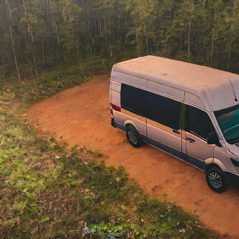A green and tan camper van rests on a rough dirt clearing in a quiet forest. Warm sunset light shines through the trees, while fog drifts over the leafy ground. A pale moon hangs in the distant sky.
