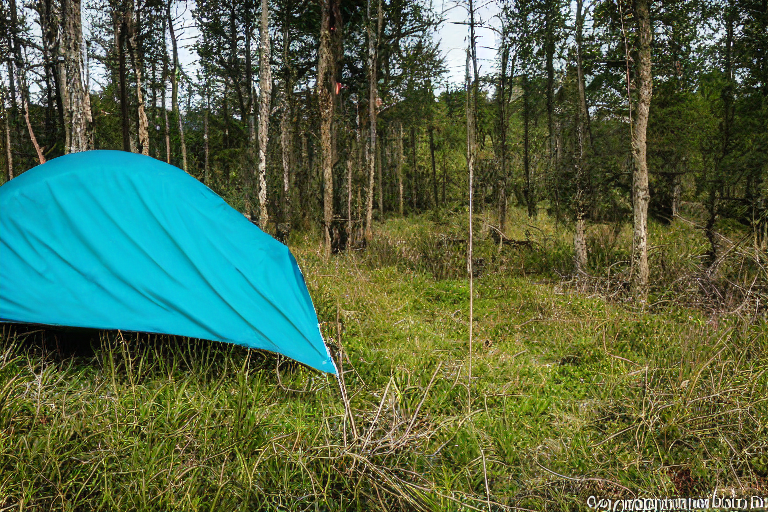 A teal tent rests on a quiet dirt campsite in Plitvice Lakes National Park. Tall grass, rough ground, and scattered boulders surround the clearing as dusk settles under a clear sky.