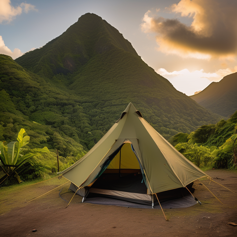 A green camo tent sits on a sunny dirt campsite in Soufrière, St. Lucia. A winding trail leads toward tall mountains, while a deer wanders in the distance. Camping chairs rest nearby in the warm golden light.