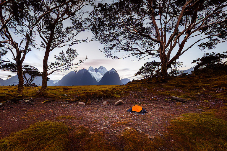 A bright red tent rests on a paved campsite in Milford Sound as snow falls softly at sunset. Large rocks, berry-covered bushes, and a wooden guitar add charm to the quiet mountain setting.