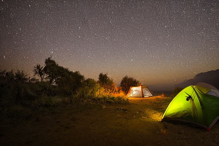 A green tent glows softly beside a warm campfire on a rainy night in Santorini. The campsite rests on a muddy dirt patch, with camping gear and a small twig scattered nearby.