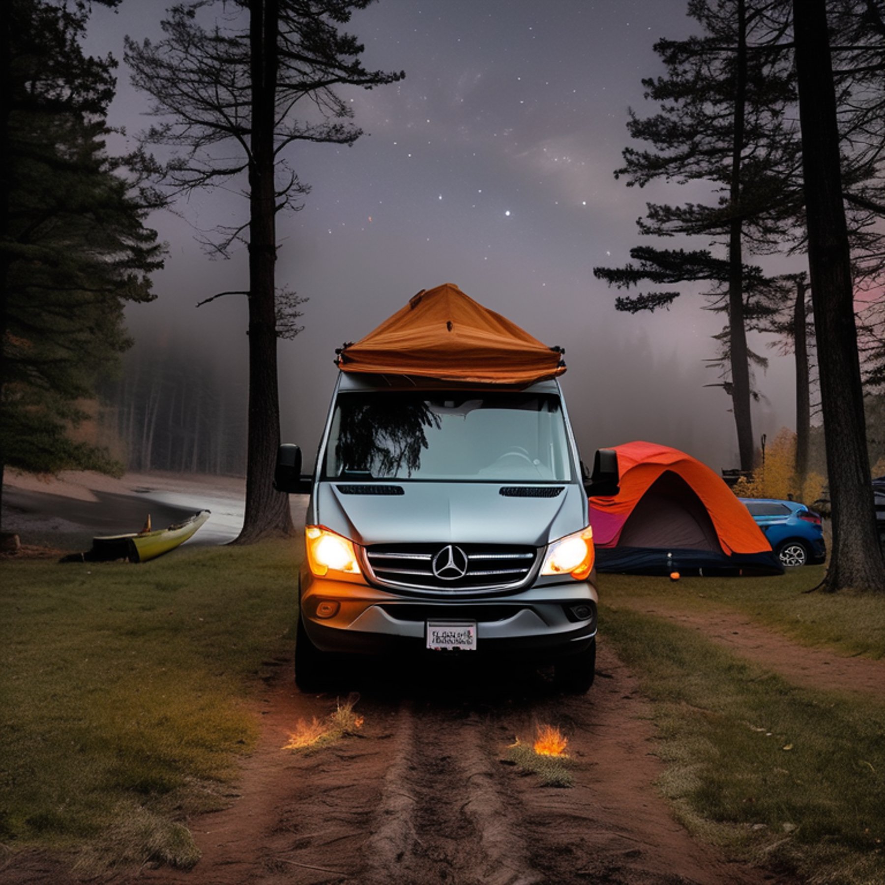 A colorful camper van rests beside a warm campfire under a starry sky. Tall trees, a small flowing stream, and a clothesline add charm to the foggy campsite.
