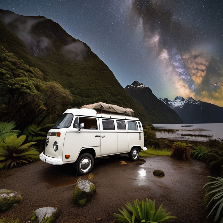 A white VW campervan rests on a rocky campsite beneath a starry night sky in Milford Sound. Ferns, a dirt hiking path, and a box of camping gear add to the wild setting, while gentle rain gives the scene a cozy feel.