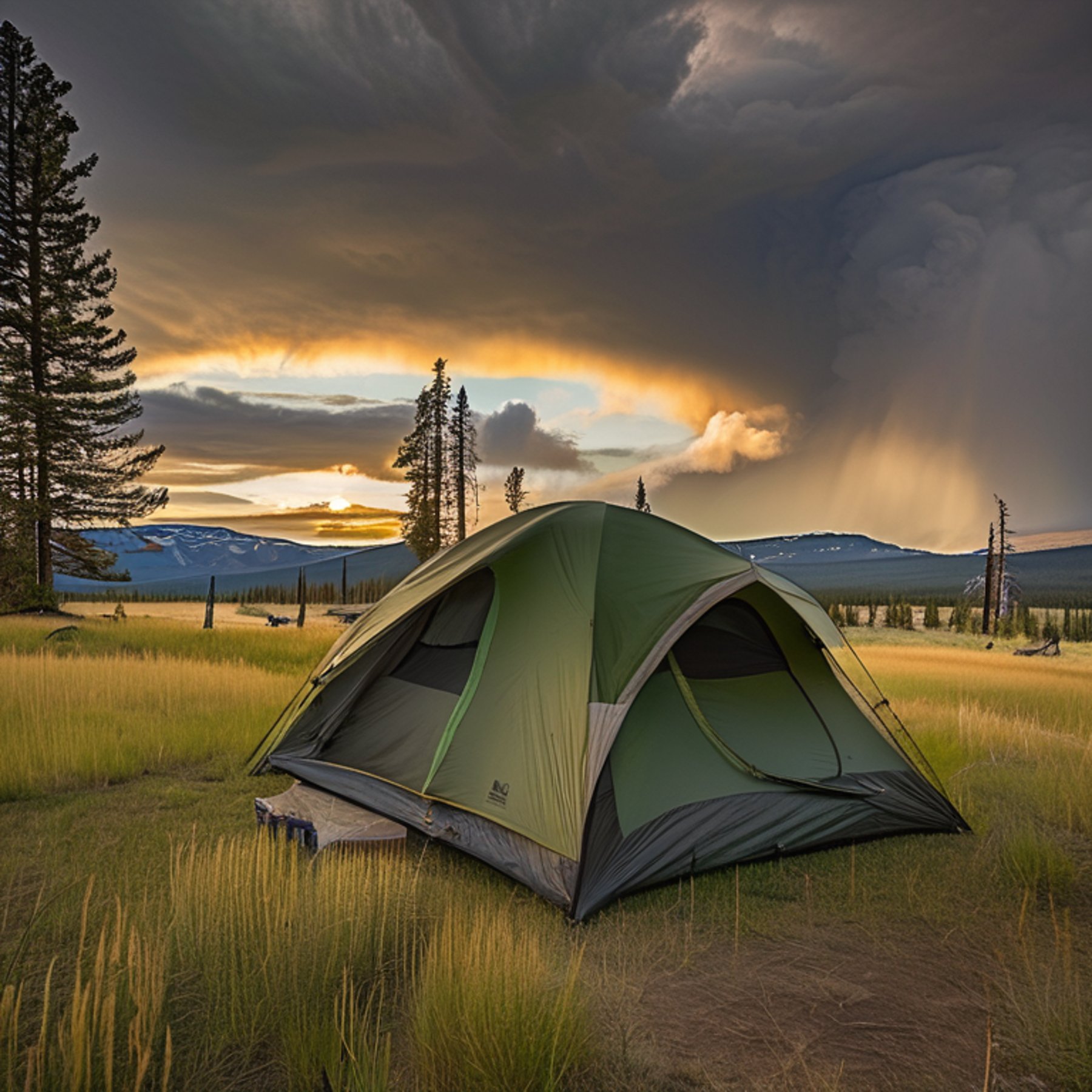 A forest-green tent rests on a dirt patch at a quiet Yellowstone campsite. Tall grass sways around the camp, while a deer stands near the trees and a mountain rises in the distance. Golden light shines beneath the stormy sky.