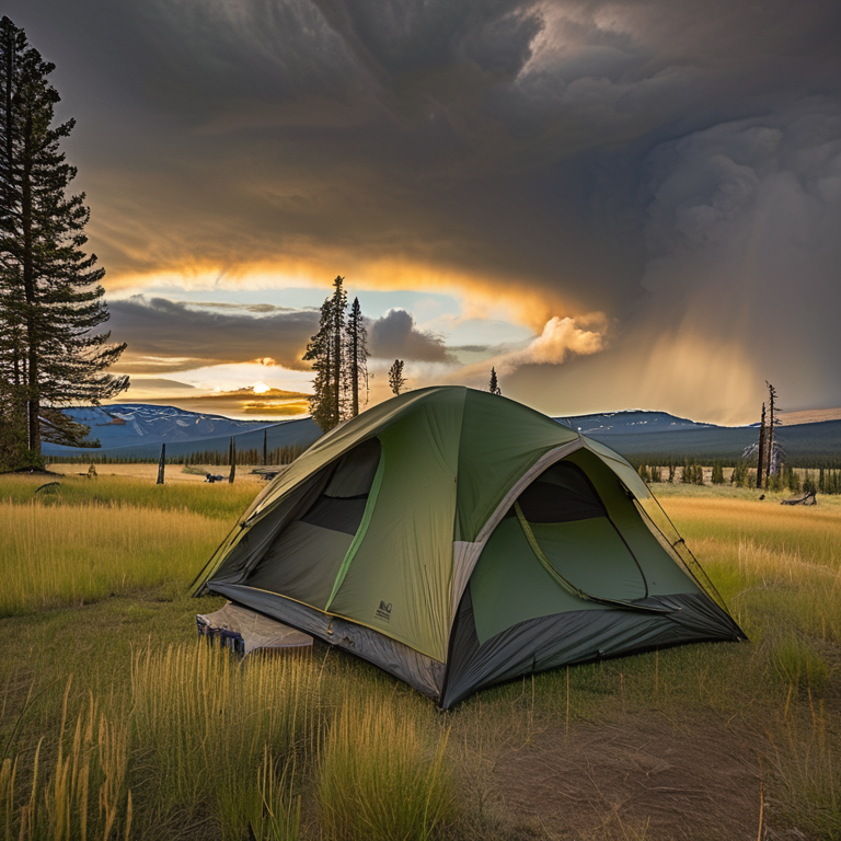 A forest-green tent rests on a dirt patch at a quiet Yellowstone campsite. Tall grass sways around the camp, while a deer stands near the trees and a mountain rises in the distance. Golden light shines beneath the stormy sky.