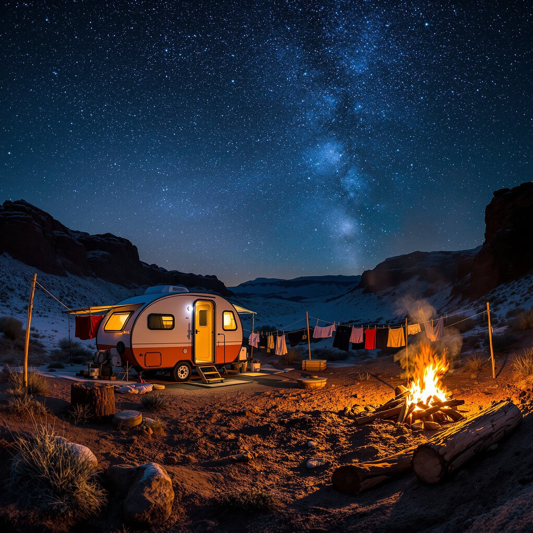 A cozy camper sits in the desert, surrounded by tall cliffs and a bright campfire. Clothes hang on a line, and the night sky is full of sparkling stars. It's a peaceful place for adventure under the Milky Way.