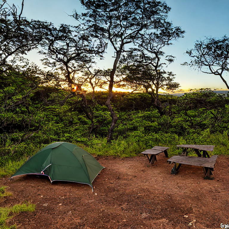 A green tent rests on a paved campsite in Hawaii, surrounded by rugged ground and forest. Warm sunset light fills the scene, with a picnic table nearby and hikers enjoying the sunny evening.