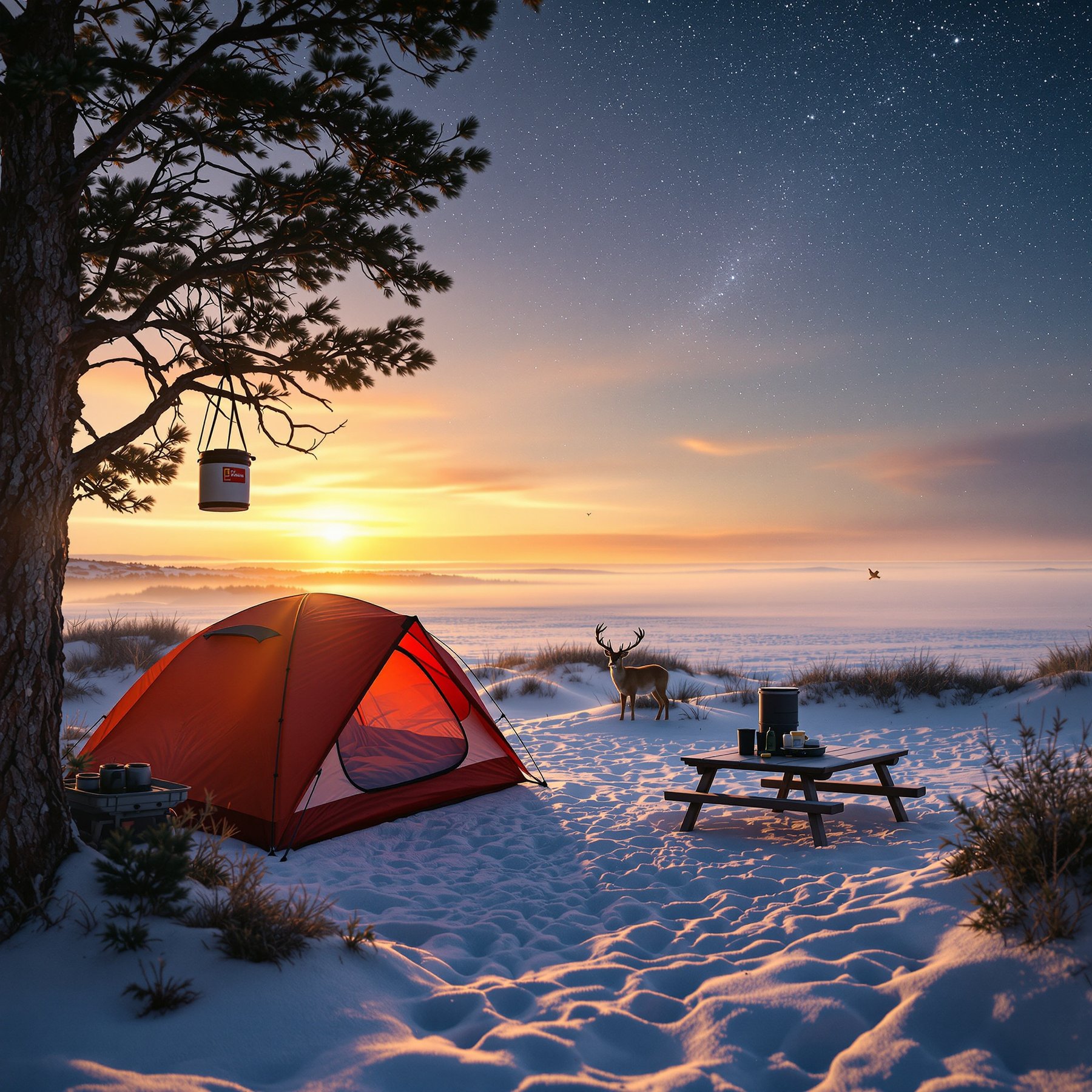 A bright orange tent sits in fresh, snowy woods as the sun sets and stars twinkle overhead. A deer stands nearby, and a picnic table is ready for a cozy camp meal. The scene feels peaceful and magical in the wintry light.