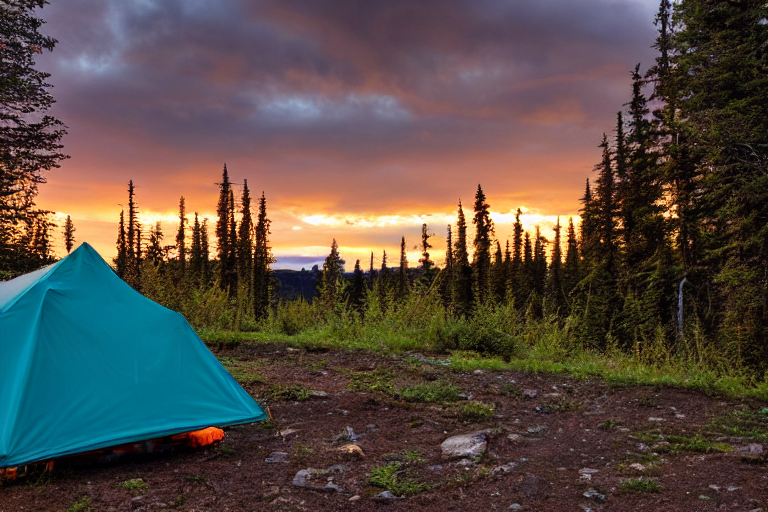 An orange tent rests on a paved campsite in the wilds of Alaska. Tall bushes, stone slabs, and a picnic table surround the muddy clearing as soft golden light shines through the rain. A camper’s flashlight glows in the distance.